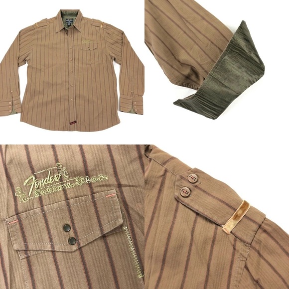 Fender Rock & Roll Religion Men’s Button Shirt Brown Flip Cuffs Epaulets Size L - Picture 5 of 11